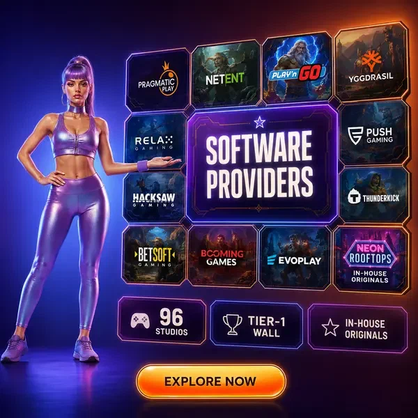 Mujer atlética presenta muro brillante de proveedores de software en los estudios de juegos de Bro Winner Casino